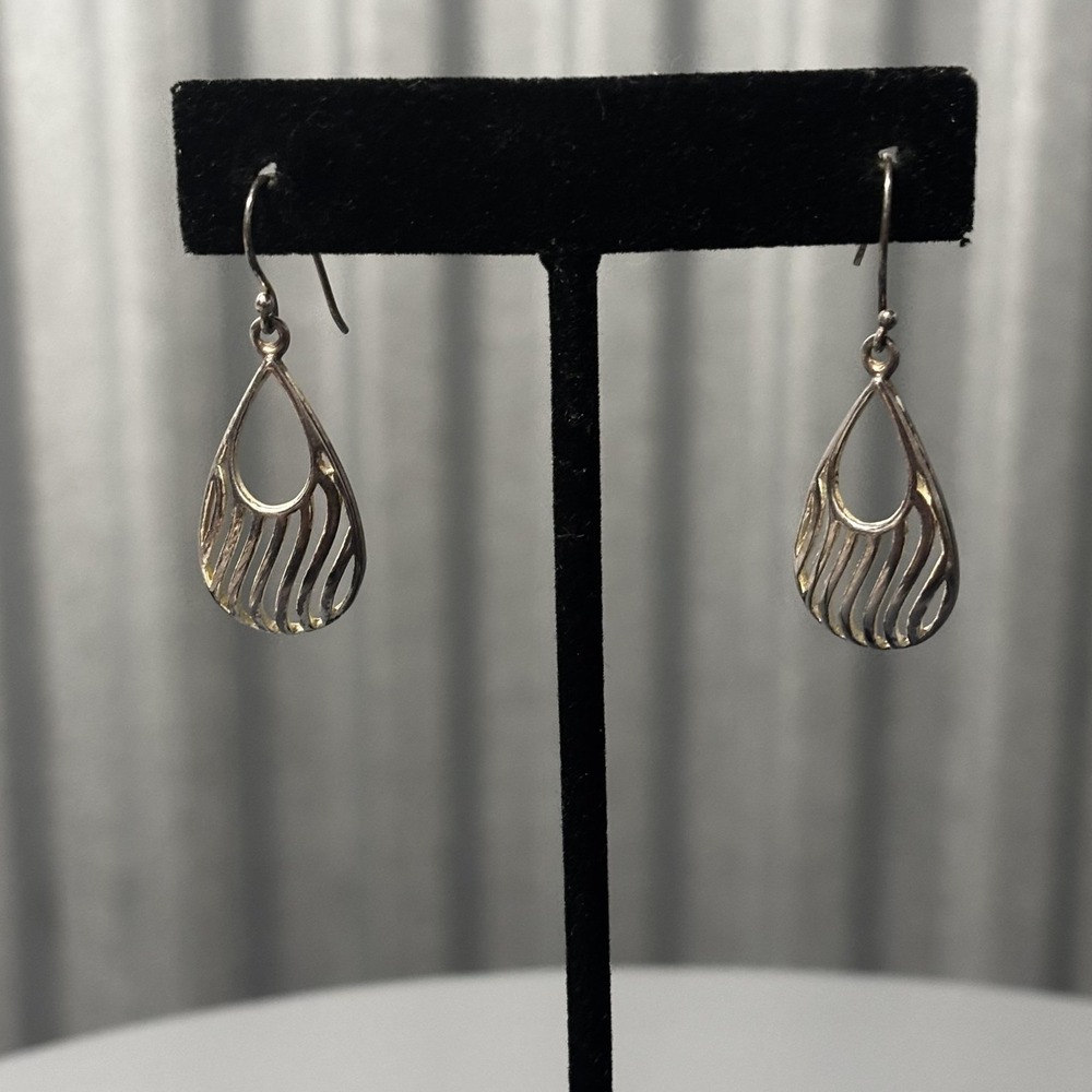 Teardrop Dangle Earrings Silver Tone Openwork Wave‎ Design Hook Drop Boho Chic